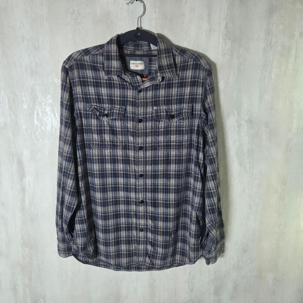 Dockers Shirt Mens Small Blue Plaid Long Sleeve Button-Up Cotton Casual Pockets